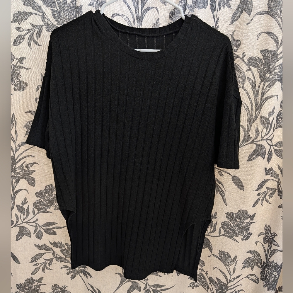 SHEIN Super Soft Stretchy Black Ribbed Oversized Slit Loungewear T-Shirt (Small)
